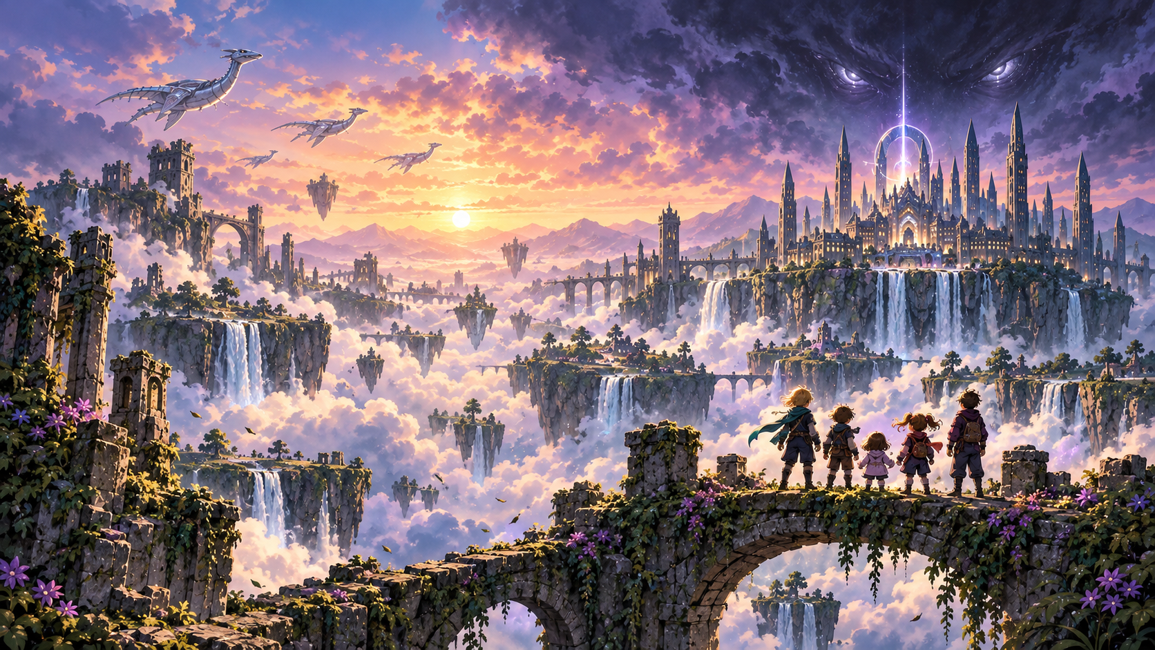 A luminous academy above floating islands in the Dream World. Concept art.