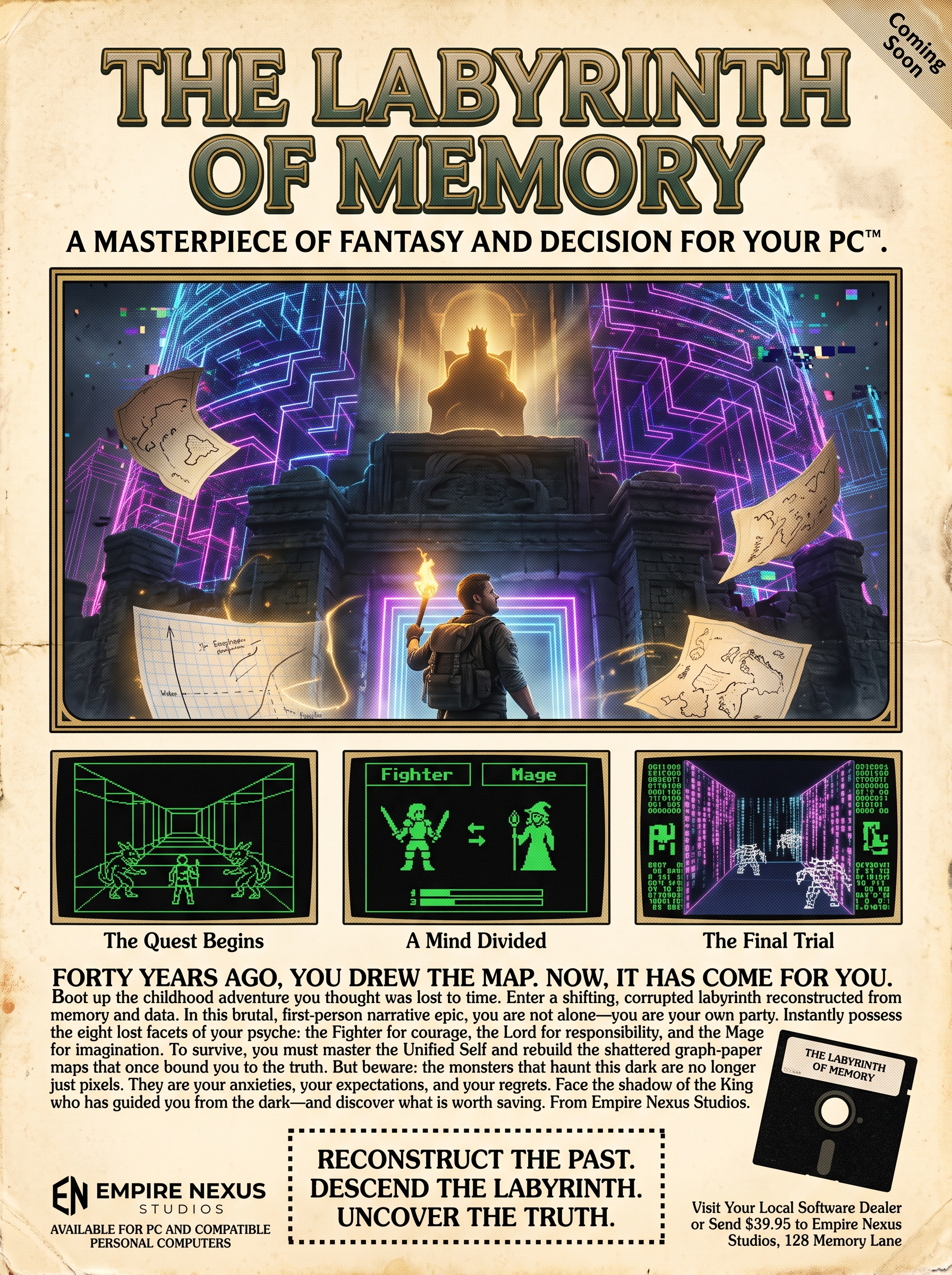 The Labryinth of Memory presented as a vintage 1980s game advertisement.