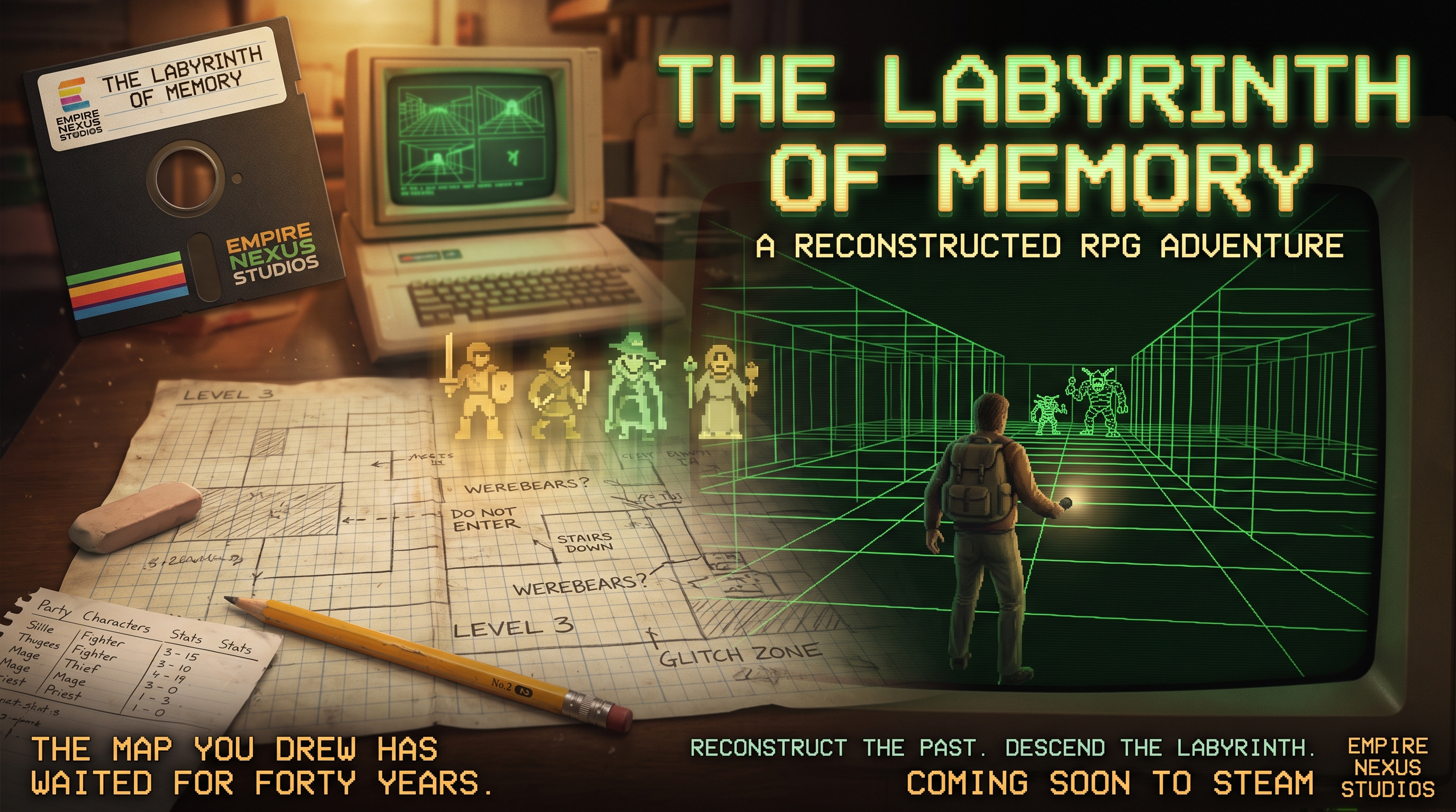 Retro computers, a floppy disk, graph-paper maps, and a glowing wireframe dungeon.