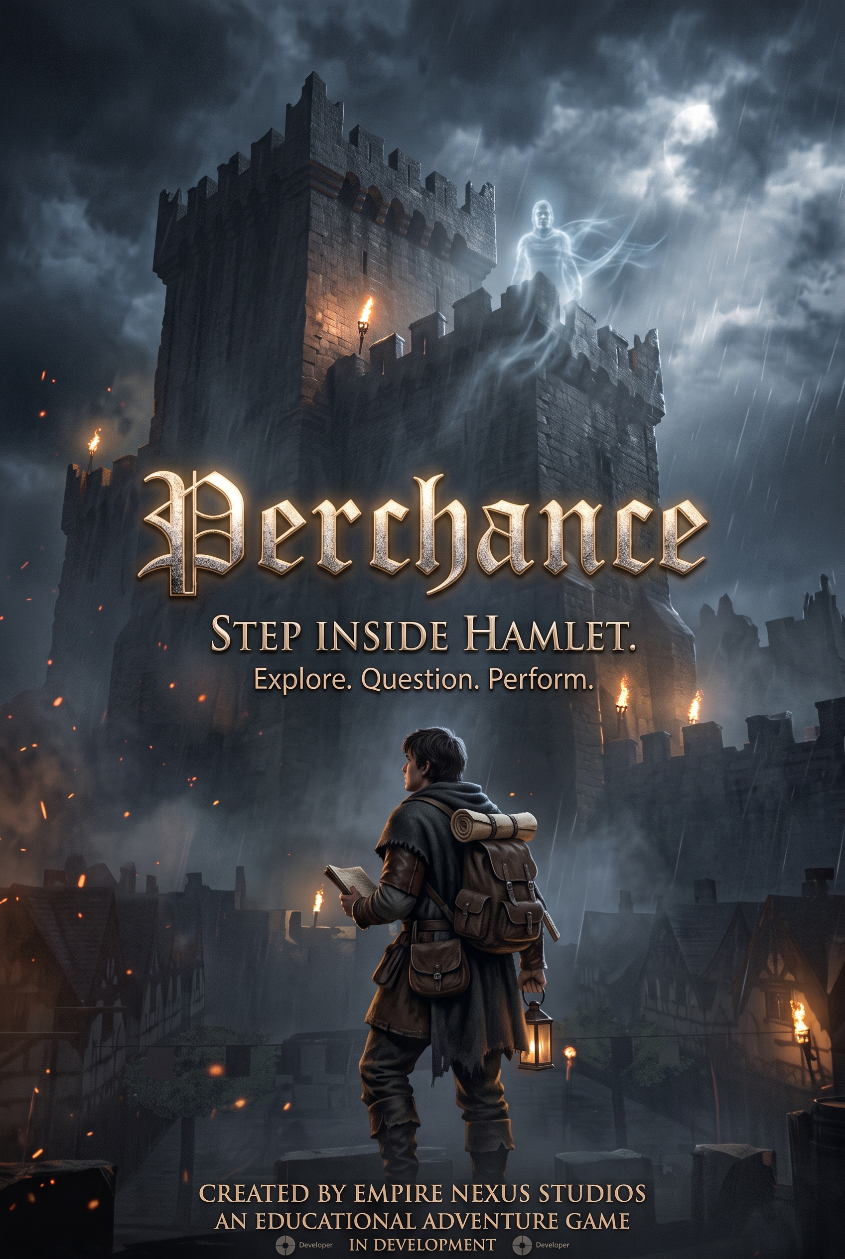 A young traveler with a lantern stands before a storm-swept castle, watched by a ghost.